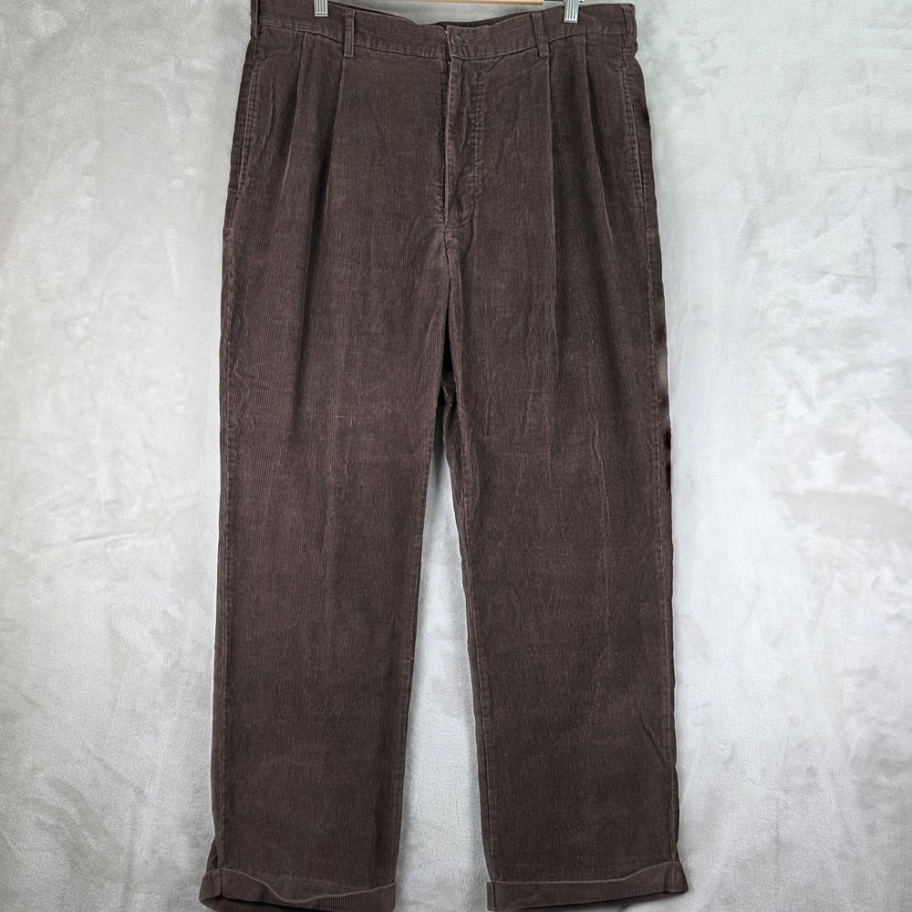 Geoffrey Beene Pants Mens 38x30 Brown‎ Corduroy Pleated Trousers Cuffed Casual